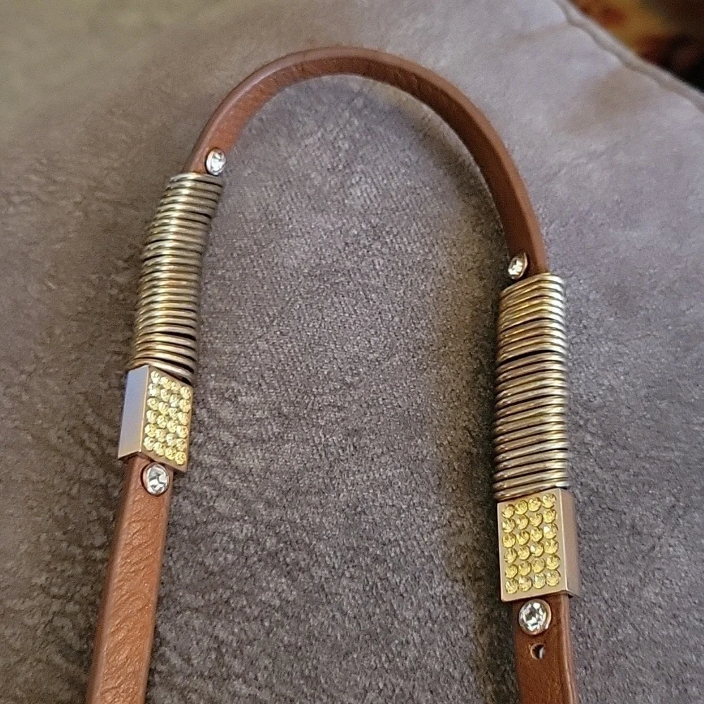 WESTERN Leather Brass Rhinestone Yellow Pave Belt Wrap Bracelet
